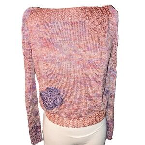 Vtg Handmade Gma Knitted Sweater Ombré Pattern One of a Kind Knit Flowers Small